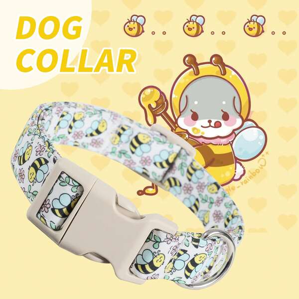 This Polyester Dog Collar Features A Cartoon Yellow Bee Floral Background With Bees, Clouds, Daisies, And More Printed On It, Creating A Cute Atmosphere. Collar Is Made Of Breathable Material To Ensure Your Pet's Comfort. The Alloy Metal Ring Is Durable And Rust-Resistant, Adding A Touch Of Style. The And Adjustable-Release Buckle Design Makes It Easy To Put On And Take Off, Perfect For Happy Dog Supplies, Dog Collars.