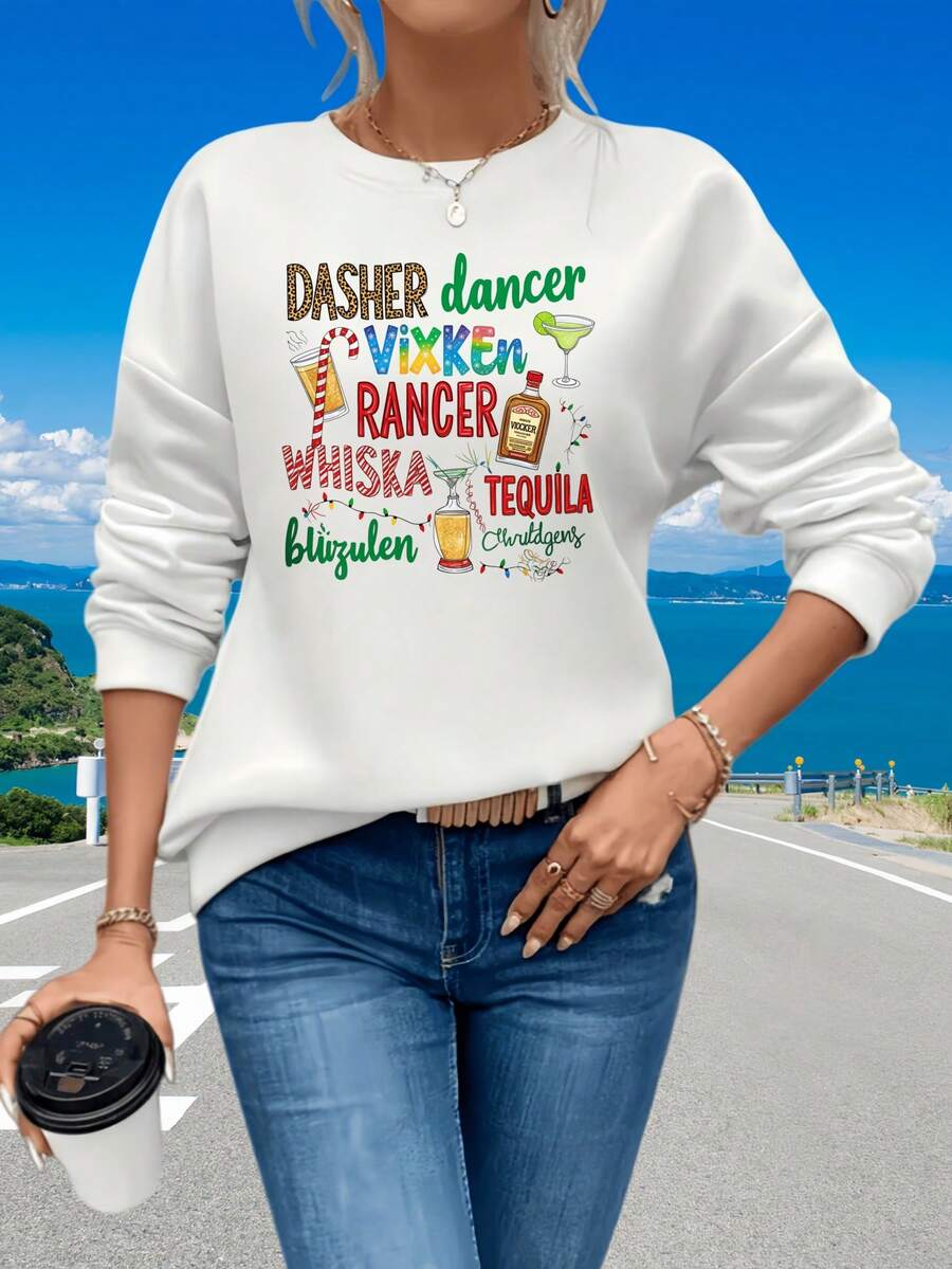 Black Sweatshirt Christmas Cocktail Themed Dasher Dancer Vixen Ranger Whisky Tequila Blitzen Mandalorian Print Women's Holiday Beach WearChristmas Party GiftChristmas Party Gift - 白色 - 查看 1