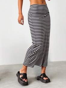 Falda larga de cintura alta unicolor, maxi falda licra, falda de mujer, falda de dama, falda maxi ajustado elegante y casual con estampado liso para dama - Azul y blanco - Ver 1