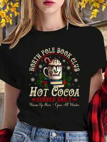 100% Cotton North Pole Book Club Hot Cocoa Librarians Bookish Christmas T-Shirt Print Cotton T-Shirt For Summer, Women's Soft Short Sleeve Top, Stylish Comfy Tee For Women Graphic Tees - 黑色 - 查看 1