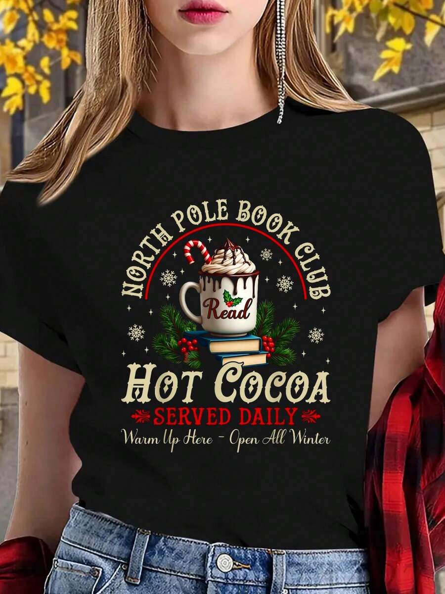 100% Cotton North Pole Book Club Hot Cocoa Librarians Bookish Christmas T-Shirt Print Cotton T-Shirt For Summer, Women's Soft Short Sleeve Top, Stylish Comfy Tee For Women Graphic Tees - 黑色 - 查看 1