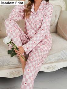 2 件套女士随机格子和心形印花时尚舒适翻领开衫长袖裤睡衣套装，春秋轻便 - 粉色 - 查看 4