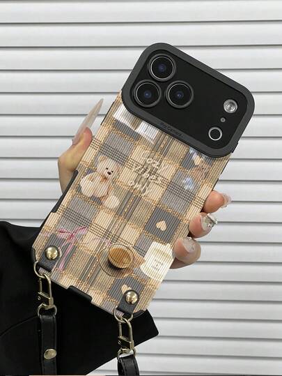 1pc Adjustable PU Leather Crossbody Strap + 1pc Fashionable Plaid Bear Pattern Vertical Faux Leather Soft Protective Phone Case, Suitable As Birthday/Holiday Gift For Friends, Family, Couples,17/11/12/13/14/15/16 Pro Max/16e/16 Plus/17 Pro/17 Pro Max/16 Pro/16