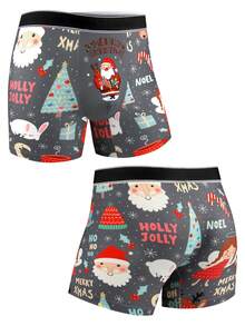 1 Pc Christmas Cartoon Print Men's Long Style Flat Cornered Underwear, Loose And Casual, Suitable For Wearing During Holidays, Men's Comfortable Slim Fit Shaping Underwear, Fitness Boxing, Lightweight, Suitable For All Seasons, Men's Novel Underwear - Grey - View 3