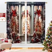 2PCS Christmas-Themed Brushed Fabric Digital Print Curtains, Retro Gorgeous Style Design With Red Bow Snow Pine Forest Window Scene, Rod Pocket Installation, Semi-Transparent Polyester Fiber Material, Suitable For Living Room, Kitchen, Bedroom, Dining Room, Filling Your Home With Festive Atmosphere