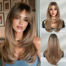 NICKY WALL Elegant-24 Inch Layered Flax Brown Wigs For Women,Long Straight Wigs With Curtain Bangs, High Density Fluffy Synthetic Heat Resistant Fiber Hair Wig For Daily Party Wear, Music Festival Party Use - 亞麻棕 - 查看 9