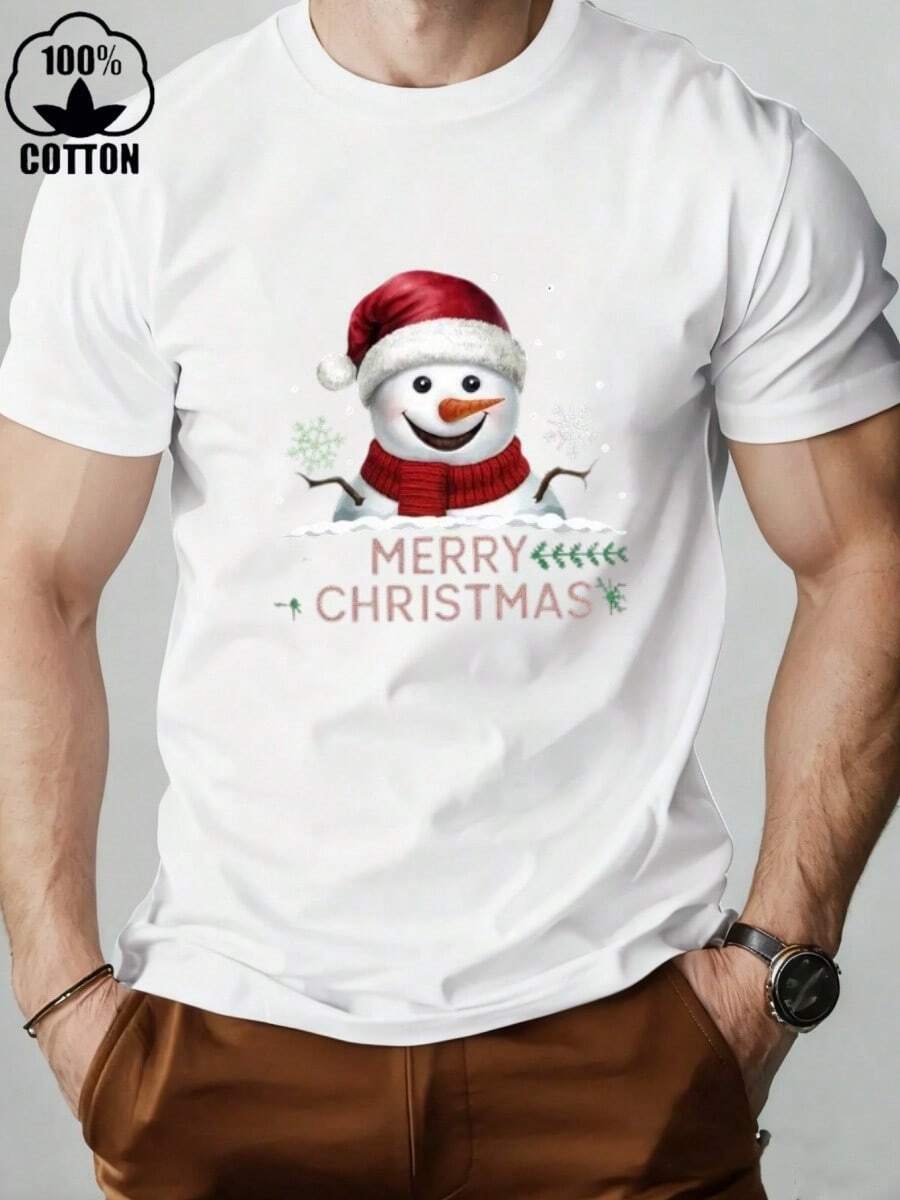 Una camiseta navideña nueva, informal y elegante para hombre, hecha 100 % de algodón. Esta ligera camiseta de verano es perfecta para fiestas de disfraces y para el día a día. Su cuello redondo y su capacidad para lavar a máquina la convierten en la opción ideal para las celebraciones navideñas. Su llamativa letra facilita su cuidado, ideal para las compras navideñas. - Blanco - Ver 1