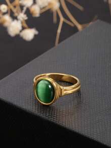 1pc Vintage 18K Gold Plated Stainless Steel Oval Cat Eye Stone Ring, Suitable For Festivals, Parties And Daily Wear - Gold Oval Synthetic Cat's Eye Ring - View 7