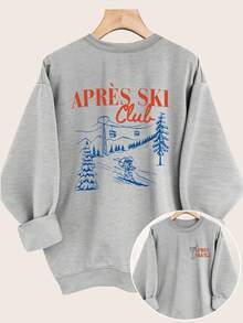 [Front And Back Double-Sided Print]Women's Casual Top Retro Style Skiing Cable Car APRES SKI Club Print Round Neck Long Sleeve Sweatshirt [Ling]Winter Clothes For Women,Christmas Gifts - 灰色 - 查看 1