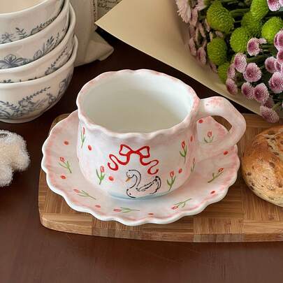 1 Set Creative Minimalist Hand-Painted Tulip, Bow, Swan Ceramic Coffee Cup & Saucer, Home Decor