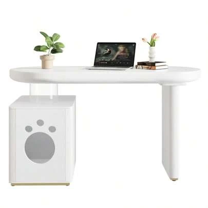 Desk With Pet Bed – 117 * 50 * 76 Cm, Fully Lacquered, Rounded Curves, 5 Cm Thick Legs, Stable And Modern, White French Style, Pet Sizes M–XL