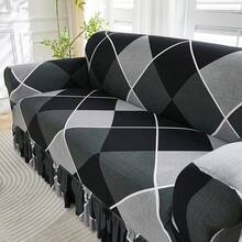 1pc Printed Black & Grey Plaid Elastic Skirt Style Sofa Cover, Soft Fabric Full Coverage Sofa Slipcover For Living Room, Bedroom, Study - Rome-skirt - View 9