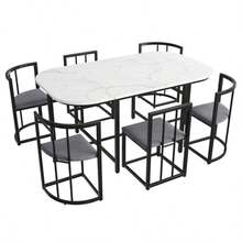 Six-Chair Dining Table Set: (White Table, Chairs With Backrests And Gray Cushions, Black Iron Frame), Dining Room Table And Chair Set, Modern Dining Table Combination (Previous Sku: 308399408AAS) - Black - View 4