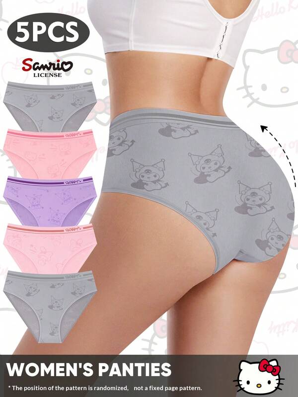 Sanrio 5pcs/Pack Sanrio Kitty & Kuromi Mid-Rise Seamless Printed Briefs For Women