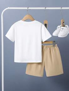 Young Boy Cartoon Print Short Sleeve T-Shirt And Shorts Set - White - View 2
