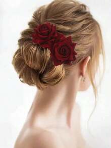 1pc Women's Premium Velvet Burgundy Rose Flower Metal Hair Comb, Bohemian Bridal Wedding Decorative Faux Flower Hair Clip, Suitable For Vacation, Party, Prom, Evening Dress Accessories - 勃根地 - 查看 2