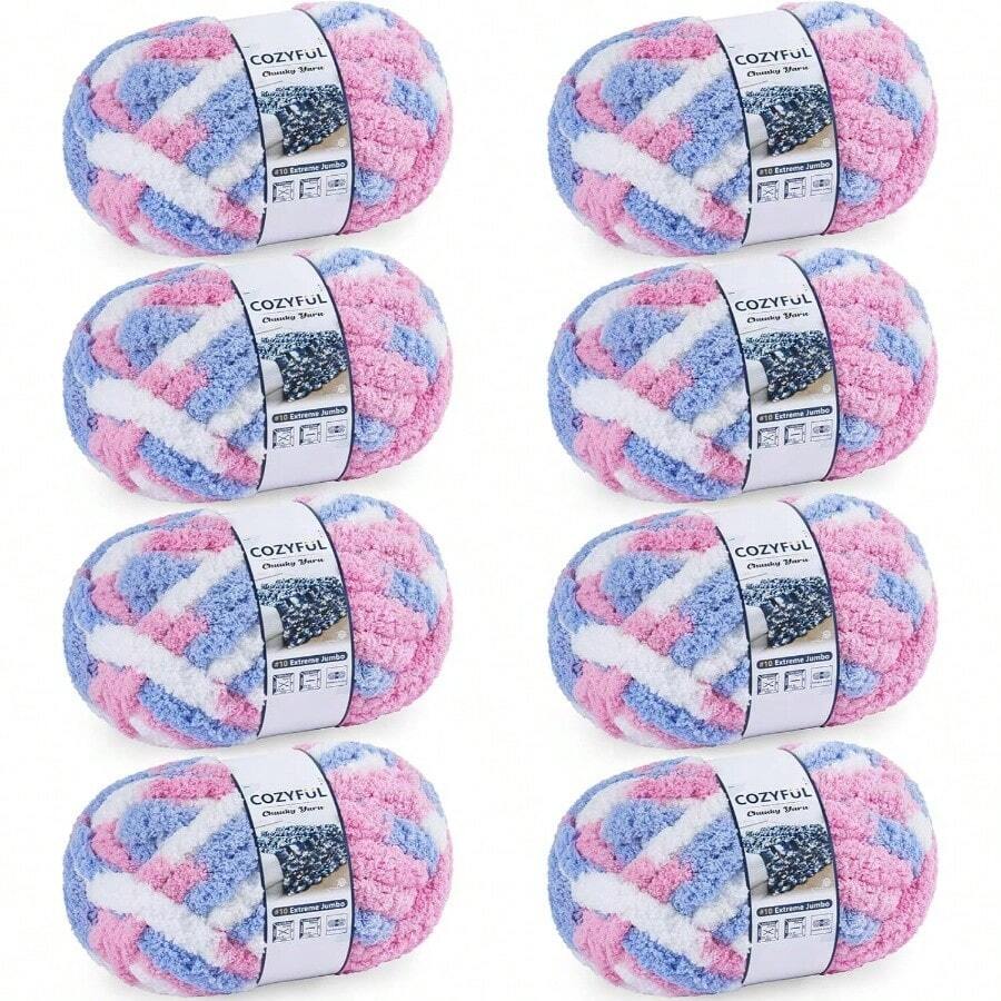 Chunky Yarn Hand Knitting - #10 Chunky Chenille Blanket Yarn, Jumbo Big Thick Chunky Yarns Crocheting, Tie Dye Bulky Knit Yarns, 8 Skein 25 Yds 8 Oz Each Skein SageKhaki - 8 件裝 + 藍色 & 粉紅色 & 白色 - 查看 1