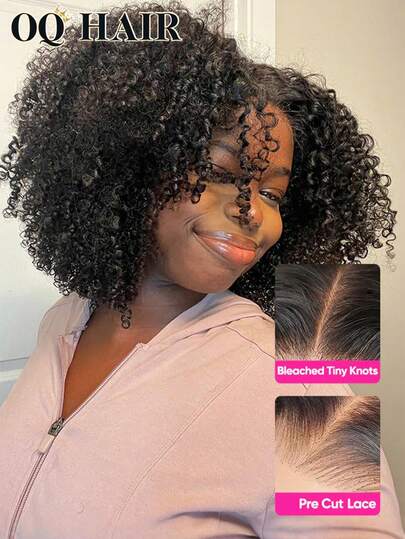 OQ 7x5 拉链式预剪蕾丝无胶假发，细小发结，预漂白，升级版非裔卷发，180% 密度，12-14 英寸，预拔发际线，真人发，自然色，100% 真人发假发，无胶，无胶，无装饰，万圣节假发，真人发，圣诞节假发，Y2K 真人发假发，圣诞礼物，女士发饰，100% 真人发假发，日常佩戴，快速发货