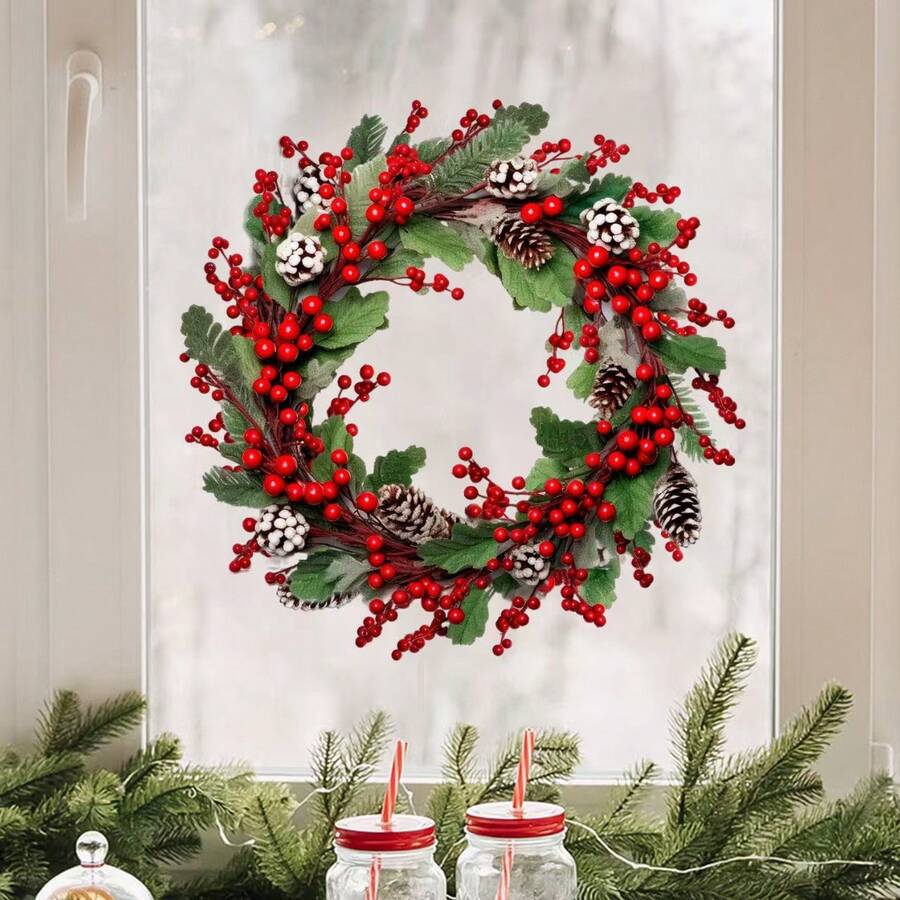1 PIEZA Corona de Navidad realista de bayas rojas, corona artificial hecha a mano con hojas verdes vívidas, decoración festiva duradera y de alta calidad, perfecta para Navidad, Año Nuevo, invierno, ideal para decoración interior, exterior, puertas, paredes, chimeneas, hogar, oficina, escaparates, fiestas, suministros navideños
