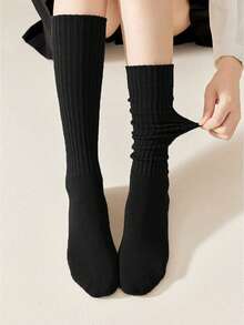 1 Pair Of Fashionable And Fresh Women's Black And White Simple Slim Calf Socks, Warm Socks Suitable For Daily Use With Leather Shoes, Parties, Gifts,Lady's Leg Cover,Winter,Leg Warmers,Christmas,Christmas Gifts - 黑色36-39碼 - 查看 5