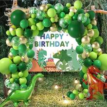 Zestaw 103 łuków balonowych z motywem dinozaurów, zawiera balony foliowe z motywem tyranozaura i brachiozaura w połączeniu z zielonymi balonami, idealne na urodziny dla dzieci o tematyce prehistorycznych dinozaurów, baby shower, szkolne wydarzenie, wystrój na zewnątrz, ceremonię ukończenia szkoły