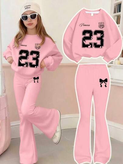 1 st. Y2K-söt för tjejer - Coolt sportset med nummer "23" och rosettdekor, mjukt och bekvämt, vardagskläder