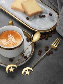 2 pièces, doré, ensemble de cuillère à café et fourchette en forme de croissant de lune et d'étoile pour le Ramadan, en acier inoxydable, créatif, boisson, dessert, brassage, vaisselle, décorations, Nouvel An, Saint-Valentin, Noël, Aïd, cuillère à thé - Multicolore - Voir 2
