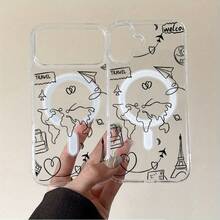 Funda creativa para teléfono Funda para teléfono: Adecuada para iPhone 17 Resistente a los golpes, magnética, anti-amarilleo, anti-arañazos, anti-huellas, funda transparente de acrílico con disipación de calor con patrón de mapa de viaje para iPhone 17/17 Pro/17 Pro Max/17 Air/16e/16 Pro Max/16, funda suave y resistente a los golpes para chicas y mujeres - 1 pieza - Ver 3