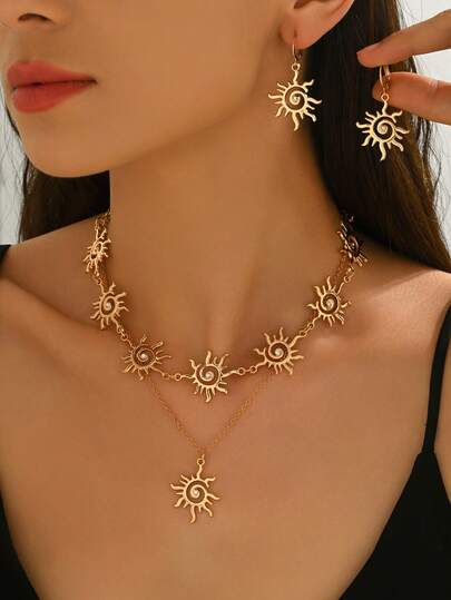 3pcs Fashion Elegant Sun Rhinestone Multi-Layer Chain Necklace Geometric Pendant Necklace + Women Earrings Jewelry Set, Suitable For Daily, Vacation, Casual, Date, Evening Party, Gift, Bride, Bridesmaid, Wedding