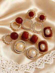 6pcs/Set Vintage Red Cat Eye Faux Pearl Wrap Earrings, Luxury Niche Design, High-End Festive Christmas, Minimalist Versatile Personalized Earring Set Suitable For Women's Daily & Holiday Wear