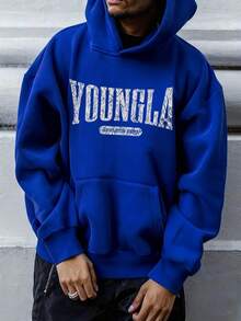 Men's Casual Novel Hoodie With "YOUNGLA" Text Pattern, Daily Casual Wear, Autumn And Winter Gifts, Comfortable And Versatile, Fashionable Street, Suitable For Daily And Outdoor Wear. - 藍色 - 查看 2