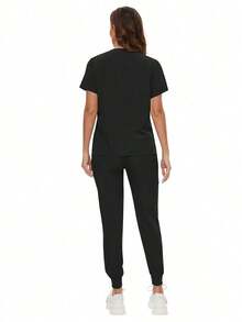Surgical Uniforms Woman Scrub Set Nurse Beauty Salon Workwear Clinical Scrubs Top Pants Sets Spa Doctor Nursing Clinical Suit - 黑色 - 查看 4