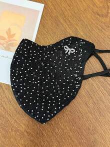1pc Women's Fashion Face Mask With Rhinestones, Bow & Heart Design, Breathable, Washable, Suitable As Decorative Accessory - Multicolor - View 5
