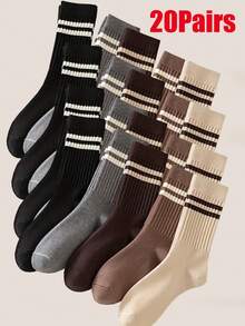 2/5 Pairs Women Slim Striped Mid-Calf Socks - Beige And Brown Striped Pattern, Suitable For Autumn/Winter, Machine Washable, Suitable For Casual And Formal Wear, Cute Socks, Casual Outfit, Fashionable Socks, Comfortable Style, Fashion Enthusiasts, Daily Socks, Fashionable Socks, Durable Material, Fashionable Women, Thick Socks, Fashion Buyers, Formal Wear, Fashionable Stripes, Outdoor Enthusiasts, Striped Pattern, Couple Socks