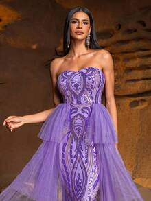 Faeriesty 无肩带正式晚礼服，多层薄纱拼接，鱼尾裙摆——优雅正式的着装，适合红毯活动、黑领结晚宴、婚宴、颁奖典礼、慈善晚宴等场合。 - 紫色 - 查看 6