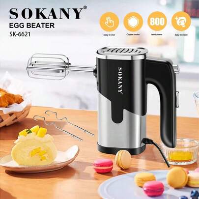  SOKANY-6621 Batidora de mano eléctrica, motor de cobre de 800W, control de velocidad preciso de 5 niveles, batido rápido en 15 segundos, batidores dobles de acero inoxidable 304, funcionamiento continuo sin sobrecalentamiento, desmontaje y limpieza rápidos, adecuada para panaderías, cafeterías y uso doméstico, esencial para la cocina de Baomai