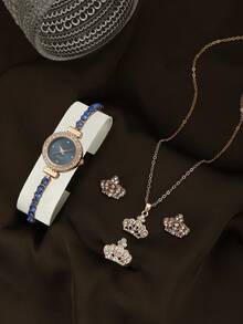 1 pieza Reloj de aleación + Set de 4 piezas de joyería de corona de oro rosa