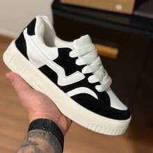 Women's Beige And White Casual Streetwear Sneakers With Retro Platform Style - 黑色 白色 - 查看 9