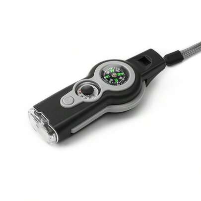 七合一生存多功能工具口哨，ABS户外安全口哨，带指南针、放大镜、信号镜、LED灯、温度计、挂绳，适用于皮划艇、划船、徒步旅行、露营、登山、钓鱼、救援。耐用的生存工具，适合冒险爱好者，户外多功能工具