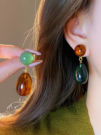 2pcs/Set Contrast Color Geometric Teardrop Earrings, Elegant Luxury Elegant Unique Earrings, 2025 New Earring Accessories