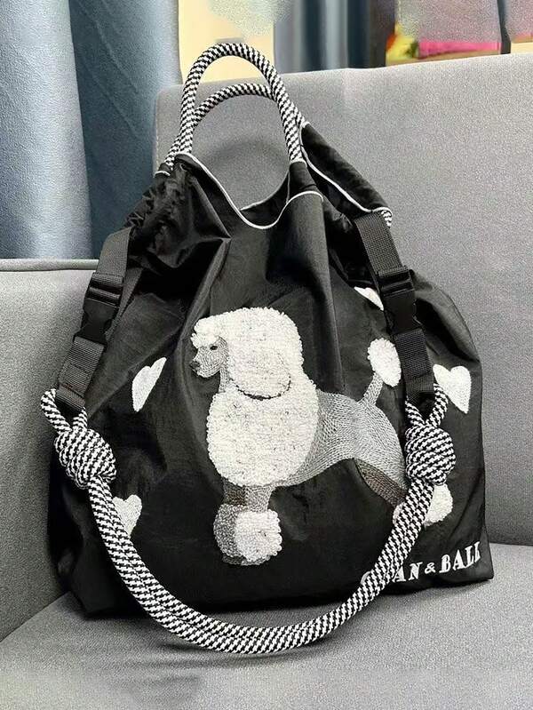 New Casual Poodle Embroidery Lightweight Nylon Large Capacity Shopping Tote Bag, Adjustable Shoulder Strap, Suitable For Daily Commute, Party, Travel