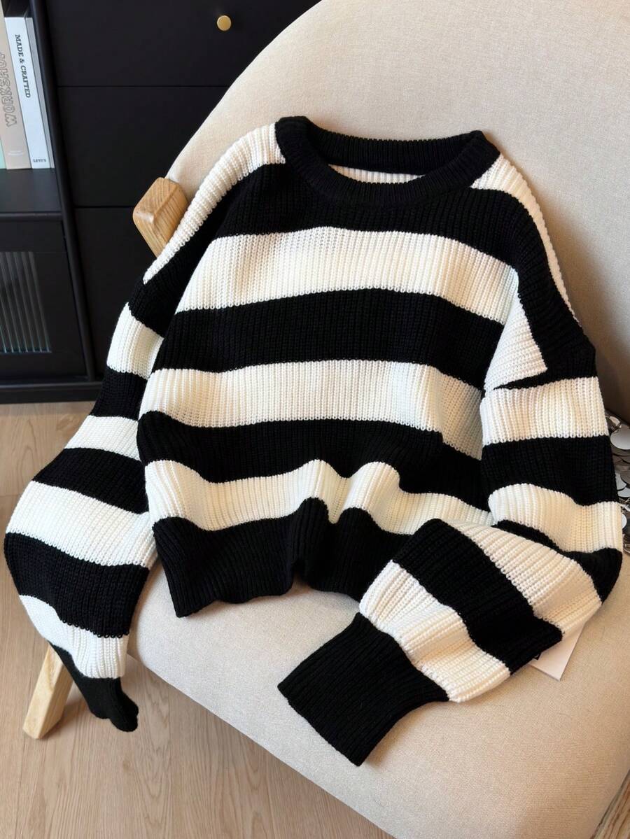 Elegant Casual Striped Contrast Color Polyester Knit Sweater For Women, Everyday Wear, Spring/Autumn/Winter - Black+White - View 1