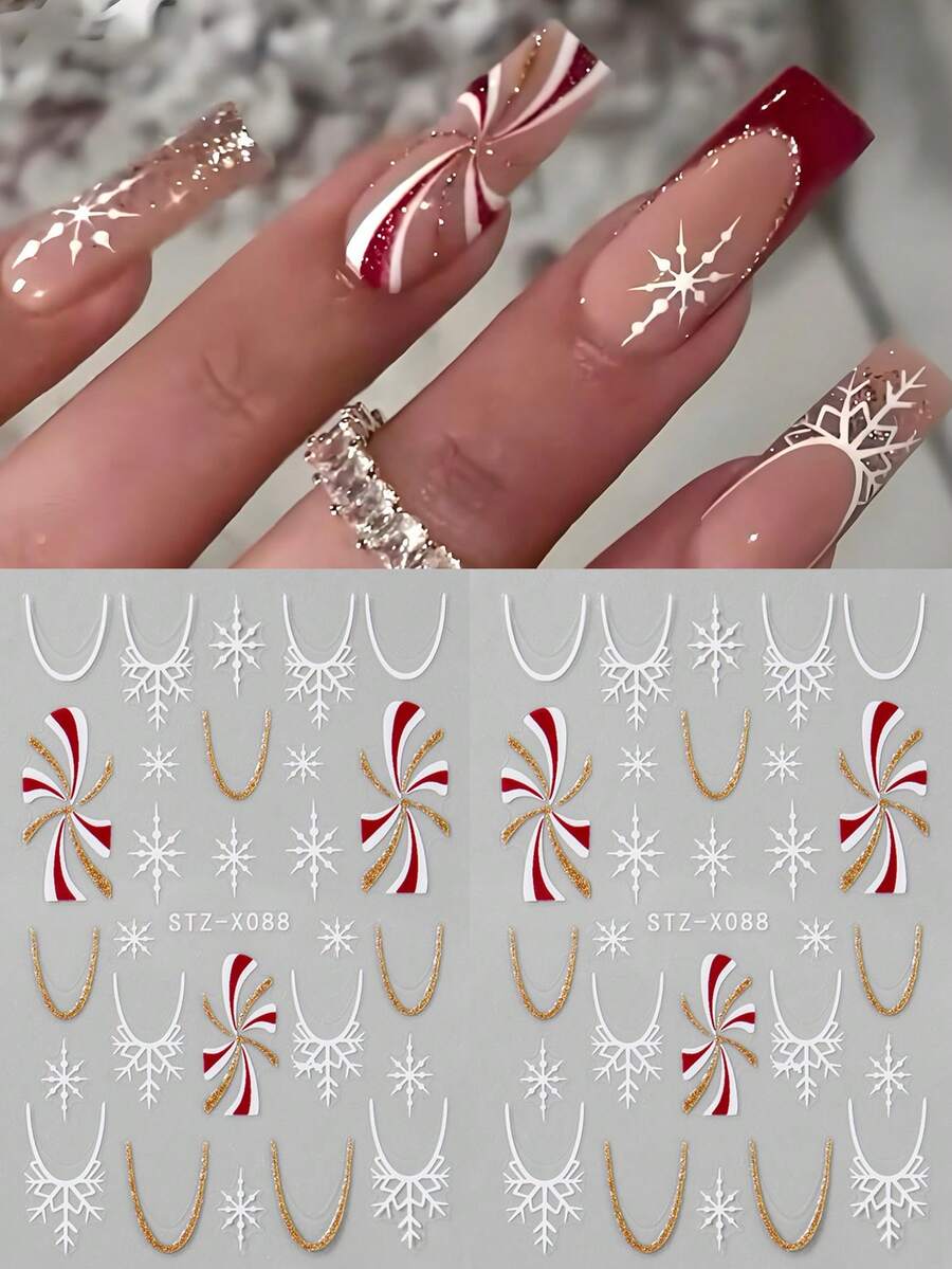 FULL BEAUTY 2 sztuki błyszczących, białych naklejek na paznokcie w kształcie płatków śniegu, złote brokatowe paski do manicure francuskiego, zimowe naklejki na paznokcie, ozdoby świąteczne DIY