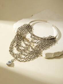 imoli 1pc Minimalist Fashionable Metal Tassel Pendant Necklace With Teardrop & Heart Charms, Multi-Layer Bracelet Jewelry, Versatile Gift For Women, Suitable For Parties And Holidays