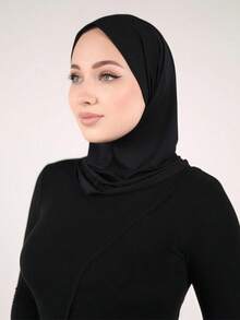 1 chiếc mũ trùm đầu nữ màu trơn có dây rút, co giãn, thoáng khí, thoải mái, vành rộng, thích hợp cho sinh hoạt hàng ngày, yoga, thể dục và thời trang. - màu đen - Xem 4