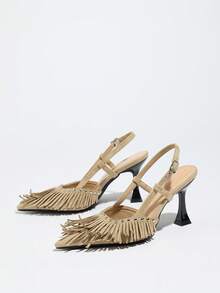 2.5英寸尖头低帮性感高跟鞋，优雅女士礼服鞋，金属搭扣装饰，春夏款 - 卡其色 - 查看 6