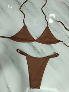 Biquíni Feminino Cortininha Marquinha Moda verão sem Bojo com Regulador  Simples    Férias  Praia - Marrom - Visão 5