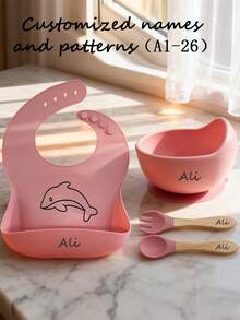 4pcs Silicone Feeding Utensil Set, Includes Silicone Bib, Bowl, 1 Pair Fork & Spoon, Customizable With Name & Pattern - Multicolor - View 2