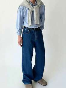 Men's Baggy Denim Pants, Wide Leg, Carpenter Style, 100% Cotton, Premium Dazzling Fabric - 藏蓝色 - 查看 1