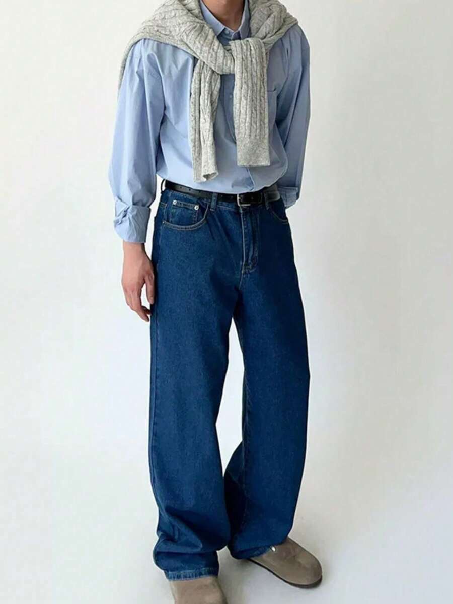 Men's Baggy Denim Pants, Wide Leg, Carpenter Style, 100% Cotton, Premium Dazzling Fabric - 藏蓝色 - 查看 1